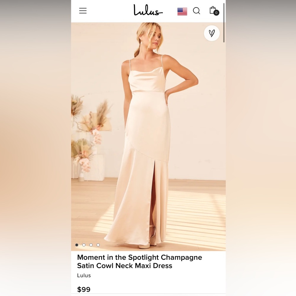 Champagne Satin Cowl Neck Maxi Dress— worn once as a bridesmaids dress